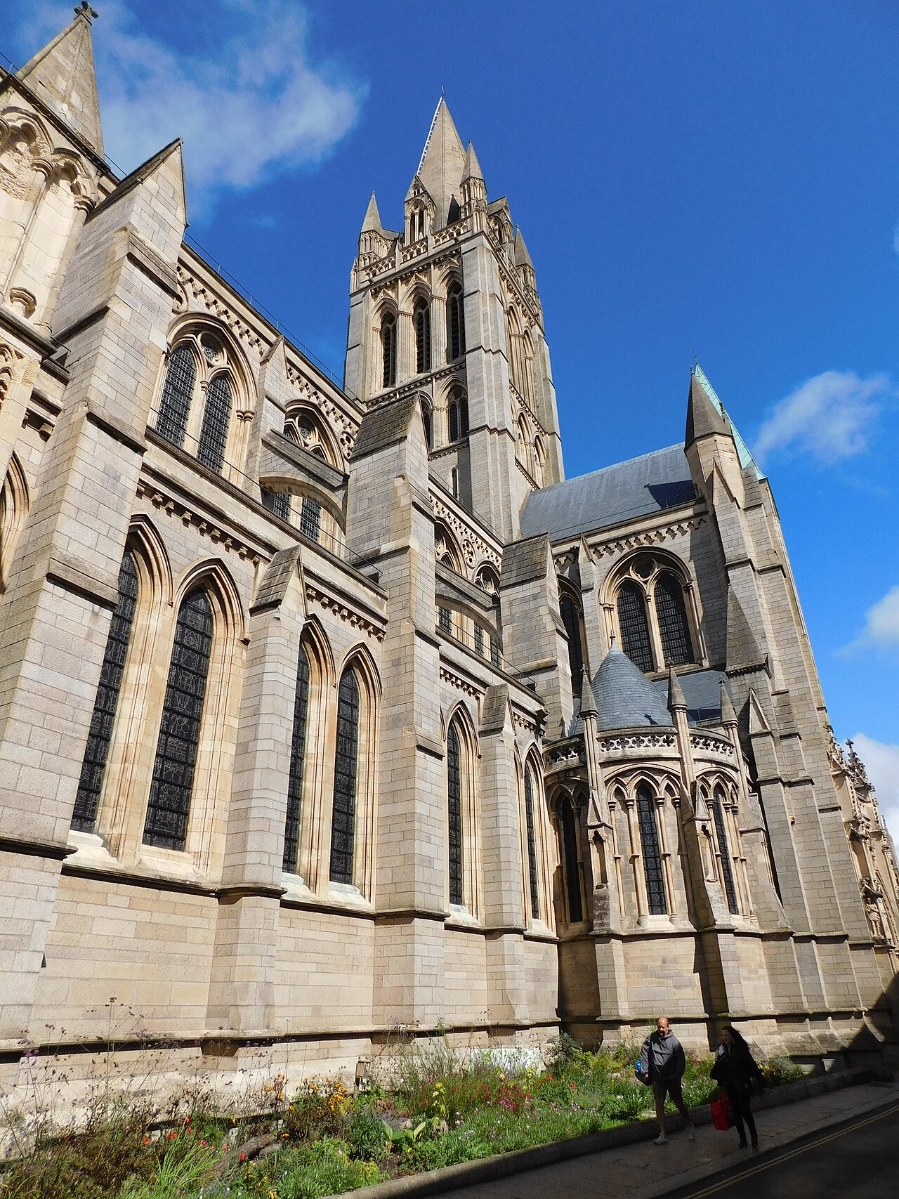 Truro Cathedral spires seen from the city street