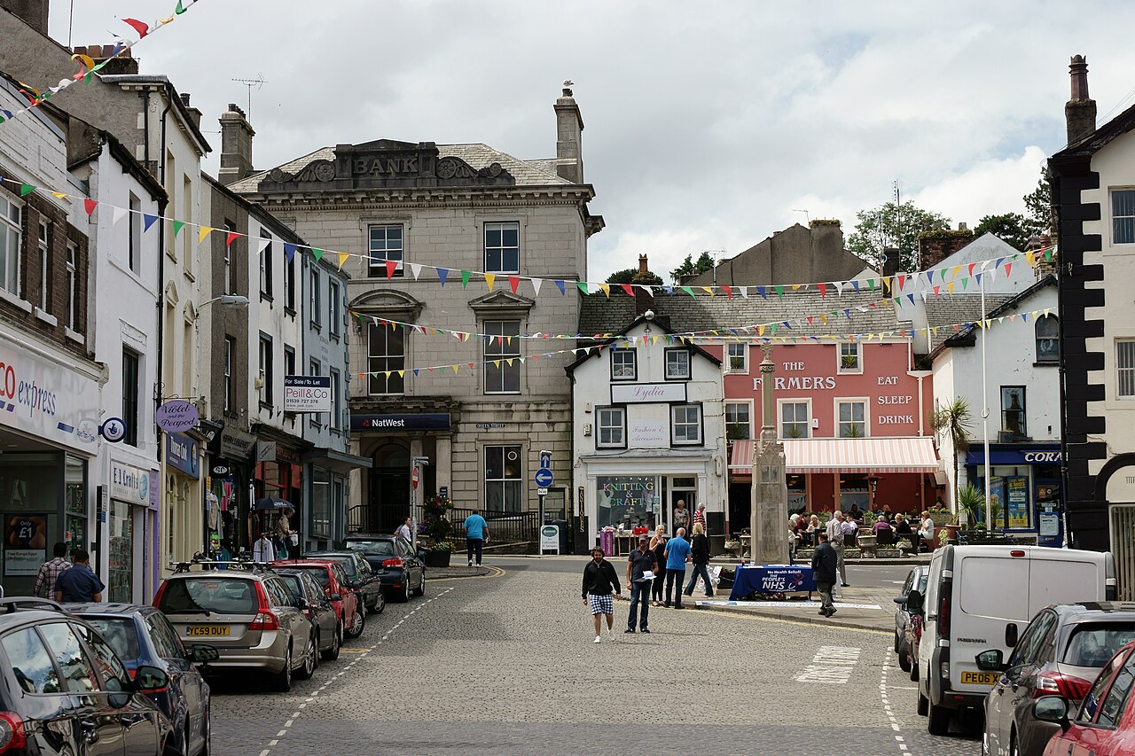 Bunting above the cobbled Market Street in Ulverston