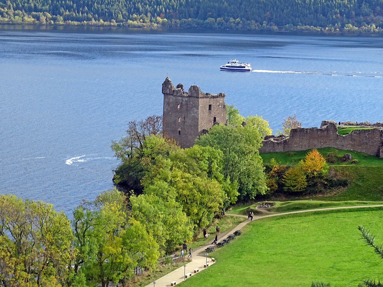 Urquhart Castle ruins and Grant Tower above Loch Ness