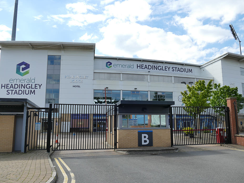 Headingley Stadium’s Gate B exterior with former Emerald branding and Headingley Lodge signage