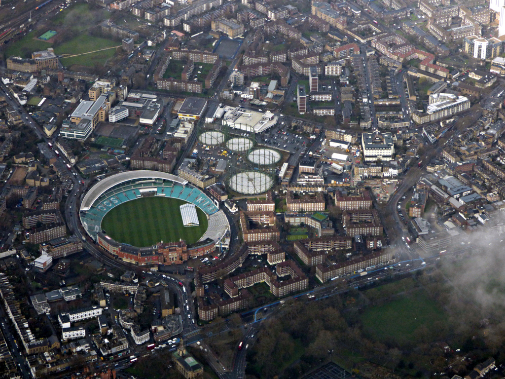 Aerial view of the complete Oval cricket ground and surrounding Kennington streets