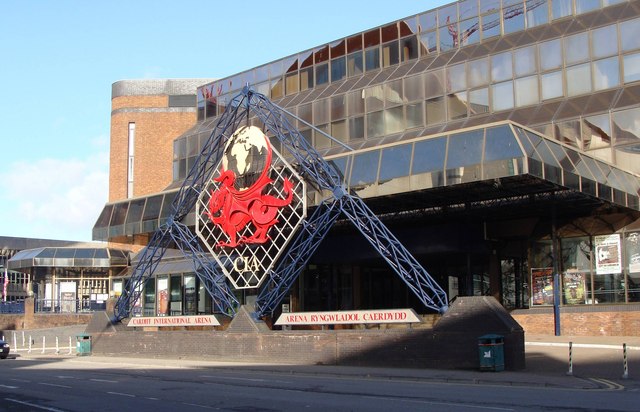 The Cardiff arena entrance, photographed under its former Cardiff International Arena branding