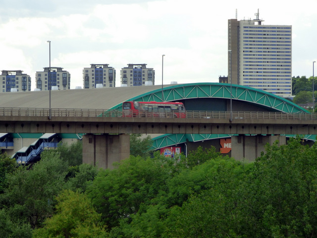 Utilita Arena Newcastle behind Redheugh Bridge, photographed under its former branding