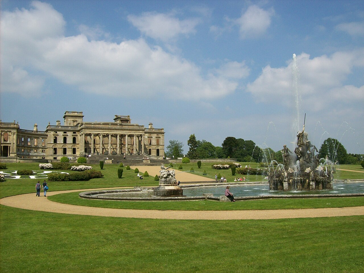 Roofless Witley Court and Perseus fountain in the formal gardens